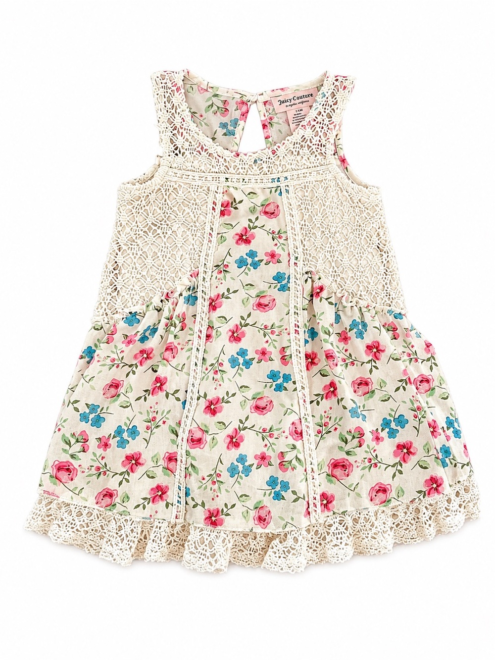 Juicy Couture Cream Crochet Floral Tiered Dress with Pink & Blue Flowers